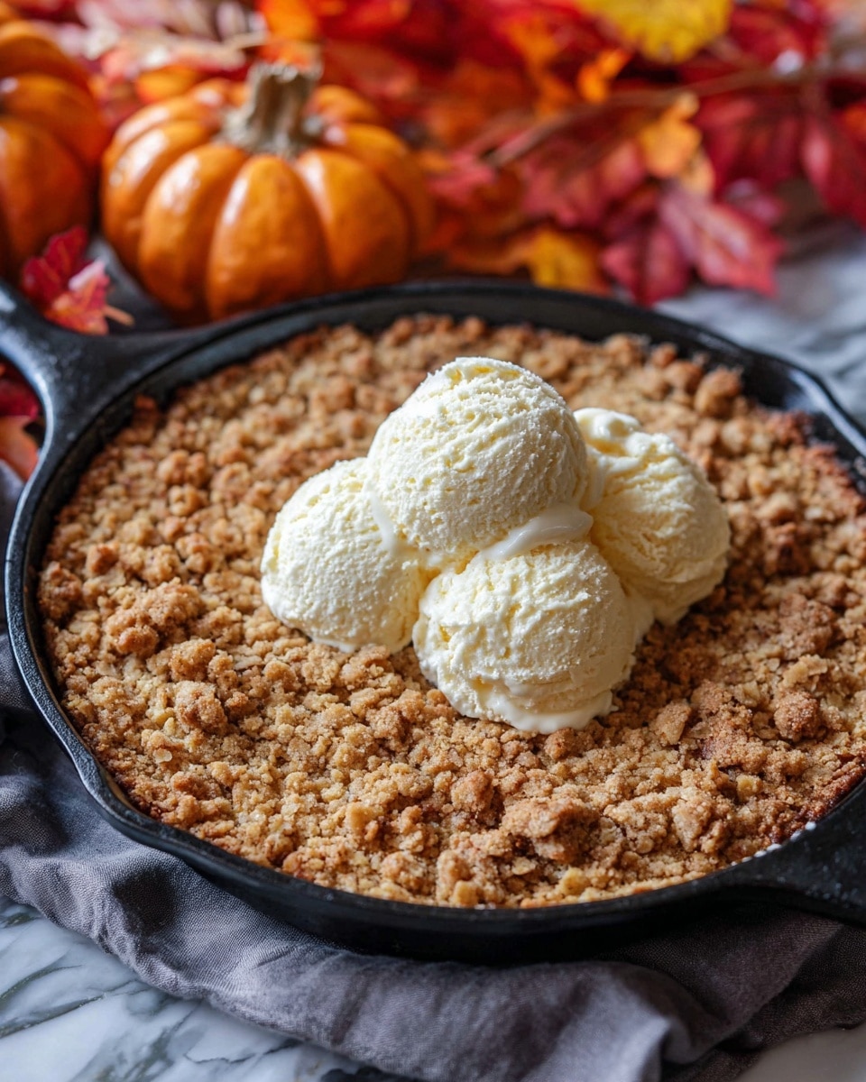 A large black cast iron skillet filled with a single-layer golden brown crumble dessert that has a rough, crumbly texture. On top, near the center, sit three round scoops of creamy white vanilla ice cream closely grouped together. The skillet rests on a gray cloth and the background contains small orange pumpkins and autumn leaves in red, yellow, and orange colors, all on a white marbled texture. photo taken with an iphone --ar 4:5 --v 7