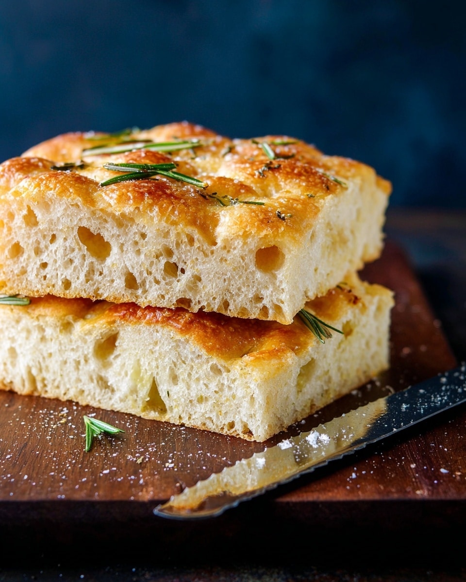 The image shows two thick slices of focaccia bread stacked on top of each other on a dark wooden board. The bread has a golden-brown crust with a slightly bubbly, airy texture on the inside. The top layer of the bread is sprinkled with coarse salt and small rosemary leaves, adding green accents on the crust. In front of the bread lies a silver serrated knife with a black handle. The background is a soft dark blue, which contrasts with the warm color of the bread. photo taken with an iphone --ar 4:5 --v 7
