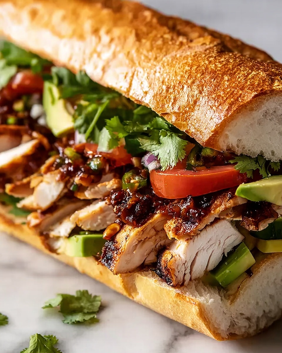 A close-up view of a sandwich on a white marbled surface, showing a golden toasted long bun with a slightly crunchy texture on top. Inside, there are four thick slices of grilled chicken with char marks and a juicy white interior at the bottom. Above the chicken, there are pieces of green avocado, fresh green cilantro leaves, red tomato slices, and a layer of dark reddish-brown sauce with small bits of vegetables on top. The sandwich layers are packed tightly inside the bun. Photo taken with an iphone --ar 4:5 --v 7