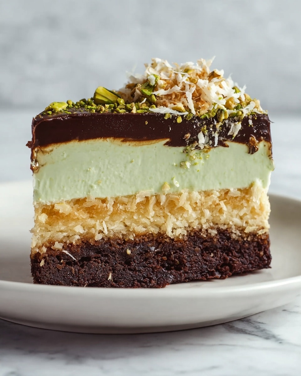 A single-layer round cake with a light beige base layer, topped with a thick, smooth dark chocolate layer that covers the top and sides. Around the edge of the chocolate, a ring of golden toasted shredded coconut and small green chopped pistachio pieces is arranged, creating a textured and colorful border. The cake sits on a white plate with a red rim, placed on a white marbled texture surface with a soft light cloth underneath. Photo taken with an iphone --ar 4:5 --v 7