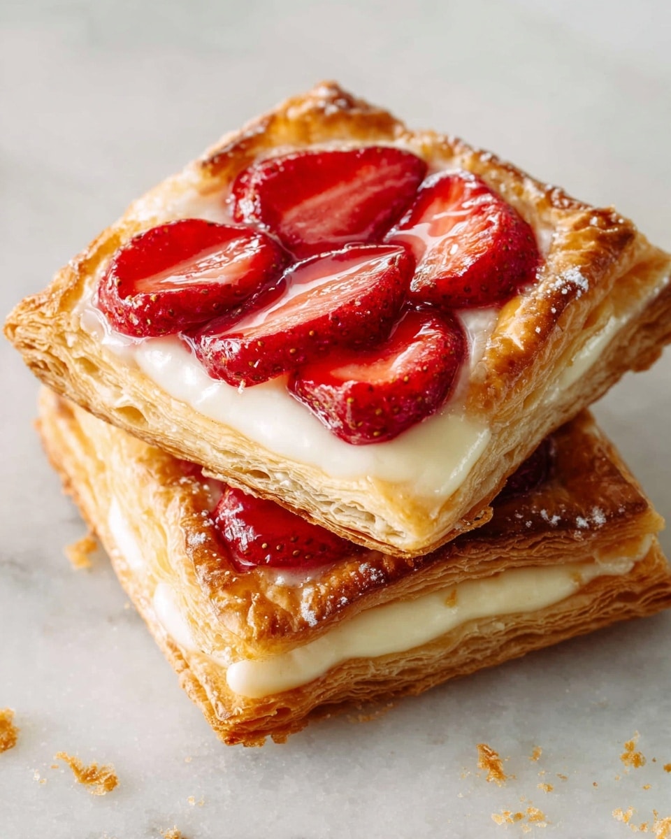 The image shows a stack of two square pastries with three visible layers of golden-brown, flaky puff pastry at the bottom. On top of the puff pastry is a creamy, off-white layer that looks smooth and rich. Above this creamy layer, there are several shiny, bright red slices of glazed strawberries arranged neatly in the center of the pastry. The edges of the pastry are puffed and crispy with a lightly browned texture. The pastries sit on a white marbled surface with a few small crumbs scattered around. photo taken with an iphone --ar 4:5 --v 7