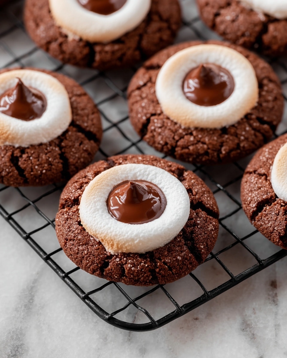 The image shows a close-up of five round chocolate cookies on a black wire cooling rack. Each cookie has two layers: the bottom layer is a dark brown, cracked chocolate cookie with a slightly grainy texture, while the top layer is a large, soft white marshmallow ring placed in the center. Inside the marshmallow ring is a glossy, smooth milk chocolate drop with a shiny surface and a small peak at the top. The scene is set against a white marbled texture background. photo taken with an iphone --ar 4:5 --v 7