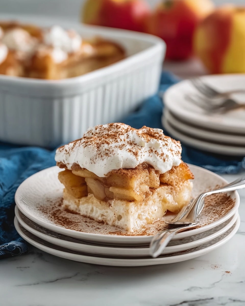 A slice of apple dessert is placed on a stack of three white plates, showing three main layers: the bottom layer is a soft, golden brown crust, the middle layer has tender, cooked apple slices with a slightly glossy texture, and the top layer is a scoop of white cream sprinkled with brown cinnamon powder. The dessert looks creamy and slightly juicy, with the cinnamon dust spread around on the plate edges. A silver fork rests on the right side of the stack. The background shows a blurred white baking dish with more apple dessert, some apples, and stacked white plates on a white marbled surface covered partially by a blue cloth. photo taken with an iphone --ar 4:5 --v 7