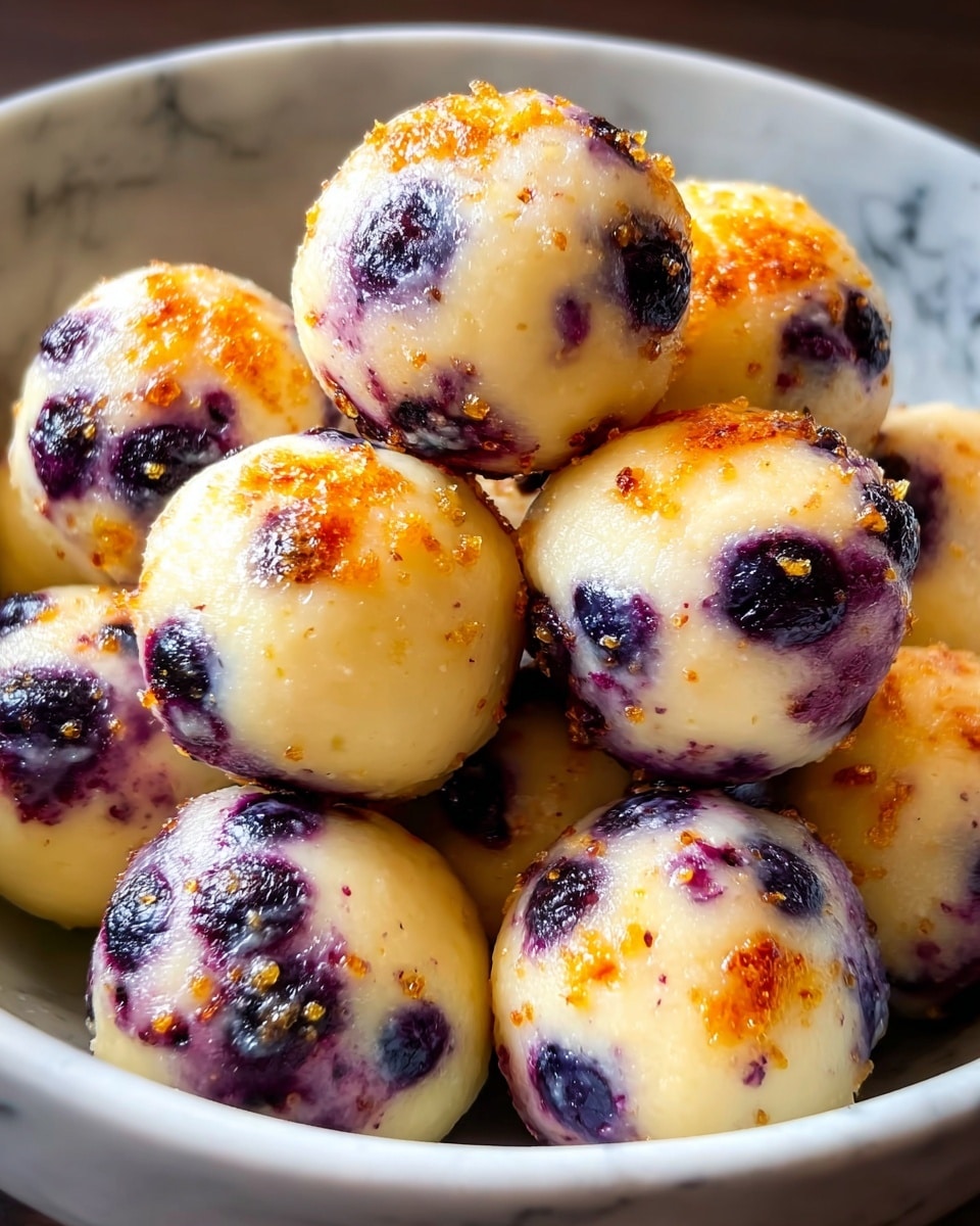 A close-up view of a bowl filled with round dessert balls that have a creamy yellow base with deep purple blueberries embedded throughout. Each ball is lightly browned and caramelized on top, giving a crispy texture with small golden-brown specks. The balls are stacked closely in a white bowl, showing their smooth and slightly glossy surface with visible blueberry spots. The background is a white marbled texture. photo taken with an iphone --ar 4:5 --v 7