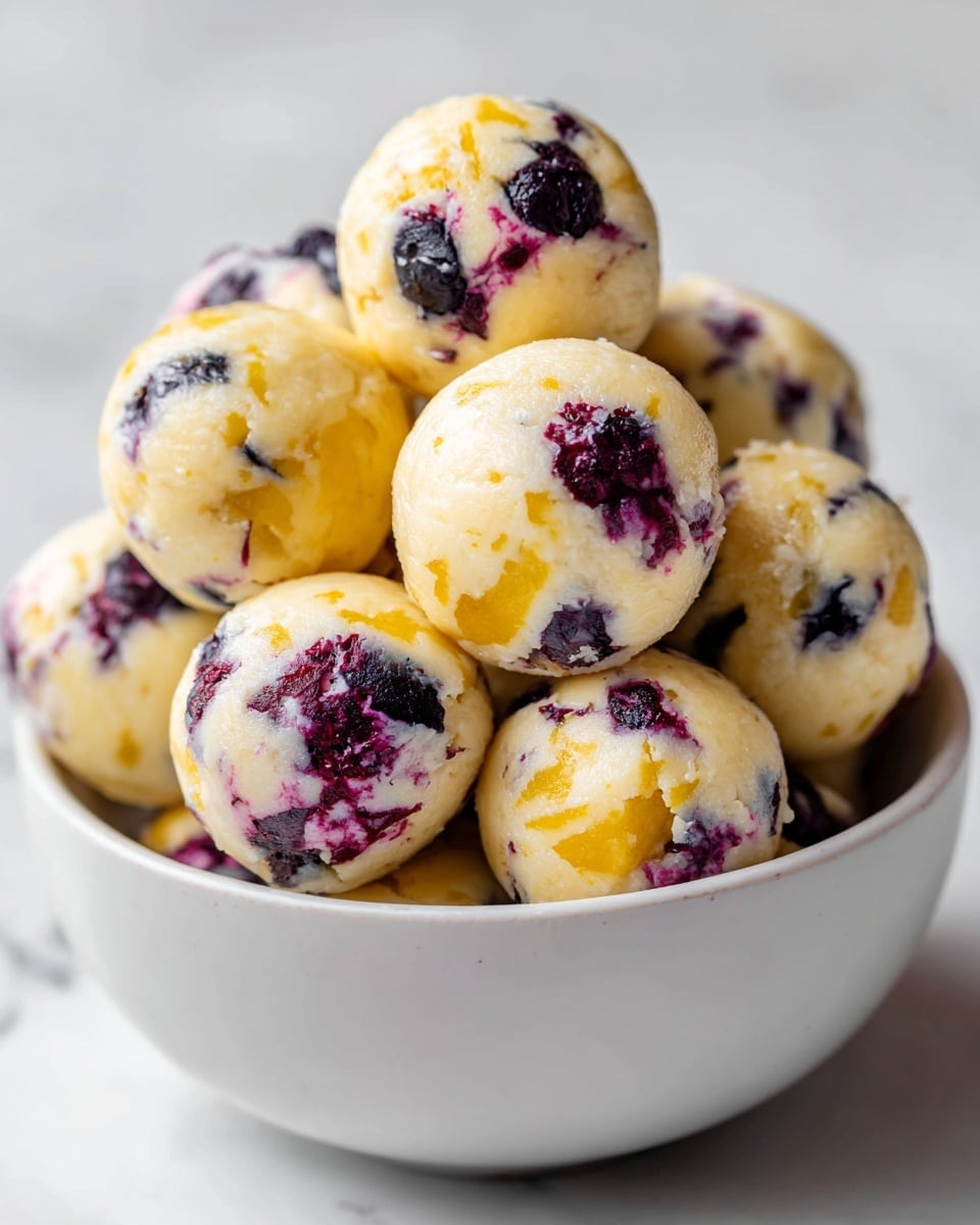 A close-up view of a bowl filled with small round cheese balls mixed with whole blueberries, each ball showing a creamy white base with deep purple blueberry spots scattered throughout. The cheese balls have a golden brown toasted outer layer with small crisp bits on the surface, giving them a slightly crunchy texture. The round shapes are piled closely together inside a white bowl with a smooth texture, placed on a white marbled surface. The lighting highlights the soft and rough contrasts on the balls, focusing on their warm golden toasted areas and juicy dark berries. photo taken with an iphone --ar 4:5 --v 7
