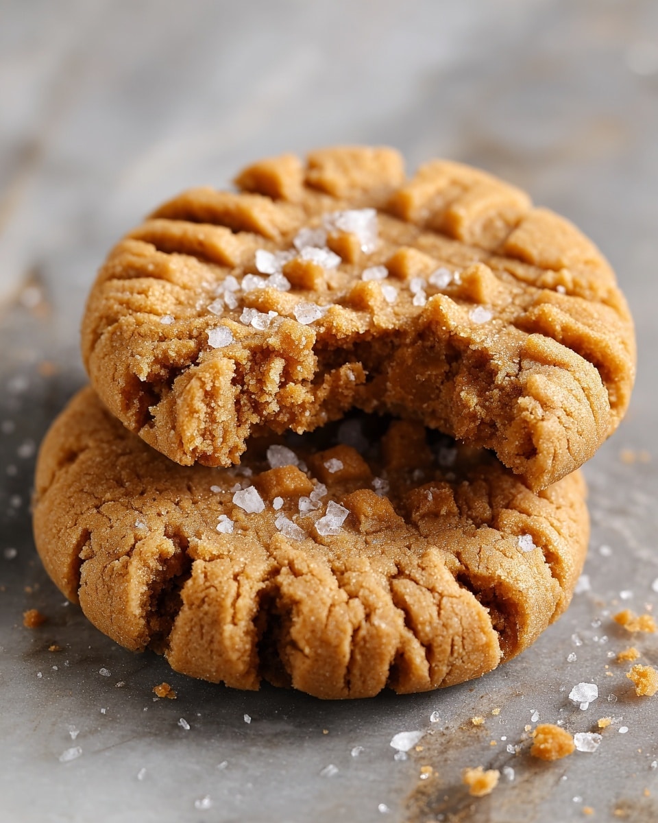 The image shows two peanut butter cookies stacked on each other on a white marbled surface. The top cookie is partially bitten, revealing a soft, crumbly inside with a light golden brown color. Both cookies have a textured surface with crisscross fork marks and are sprinkled with coarse sea salt crystals that add a touch of white contrast to the warm brown tones of the cookies. Photo taken with an iphone --ar 4:5 --v 7