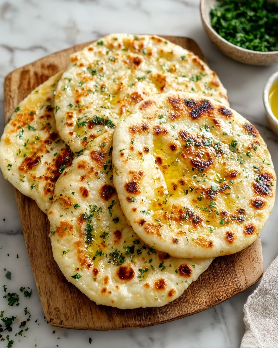 The image shows four round flatbreads stacked slightly overlapping on a wooden board placed on a white marbled surface. Each flatbread is golden brown with some darker toasted spots and is sprinkled with chopped green herbs. There are small pools of melted butter or oil shining on the top, giving the bread a glossy look. A small bowl of olive oil with herbs and a bowl of fresh green parsley are visible in the background. Photo taken with an iphone --ar 4:5 --v 7