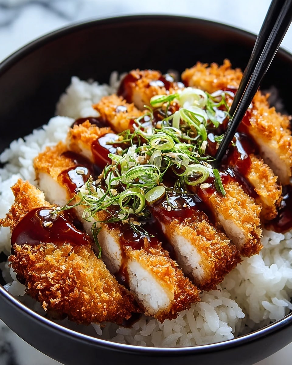 A bowl filled with three layers is shown: at the bottom, there is a layer of fluffy white rice, topped by a layer of golden-brown crispy fried pieces that look crunchy and thick; on top of the fried pieces, there is a dark glossy sauce drizzled evenly, with small green chopped scallions scattered over the sauce. The bowl is deep and white, and black chopsticks are holding one fried piece from above. The background is a soft white marbled texture with blurred cups. Photo taken with an iphone --ar 4:5 --v 7