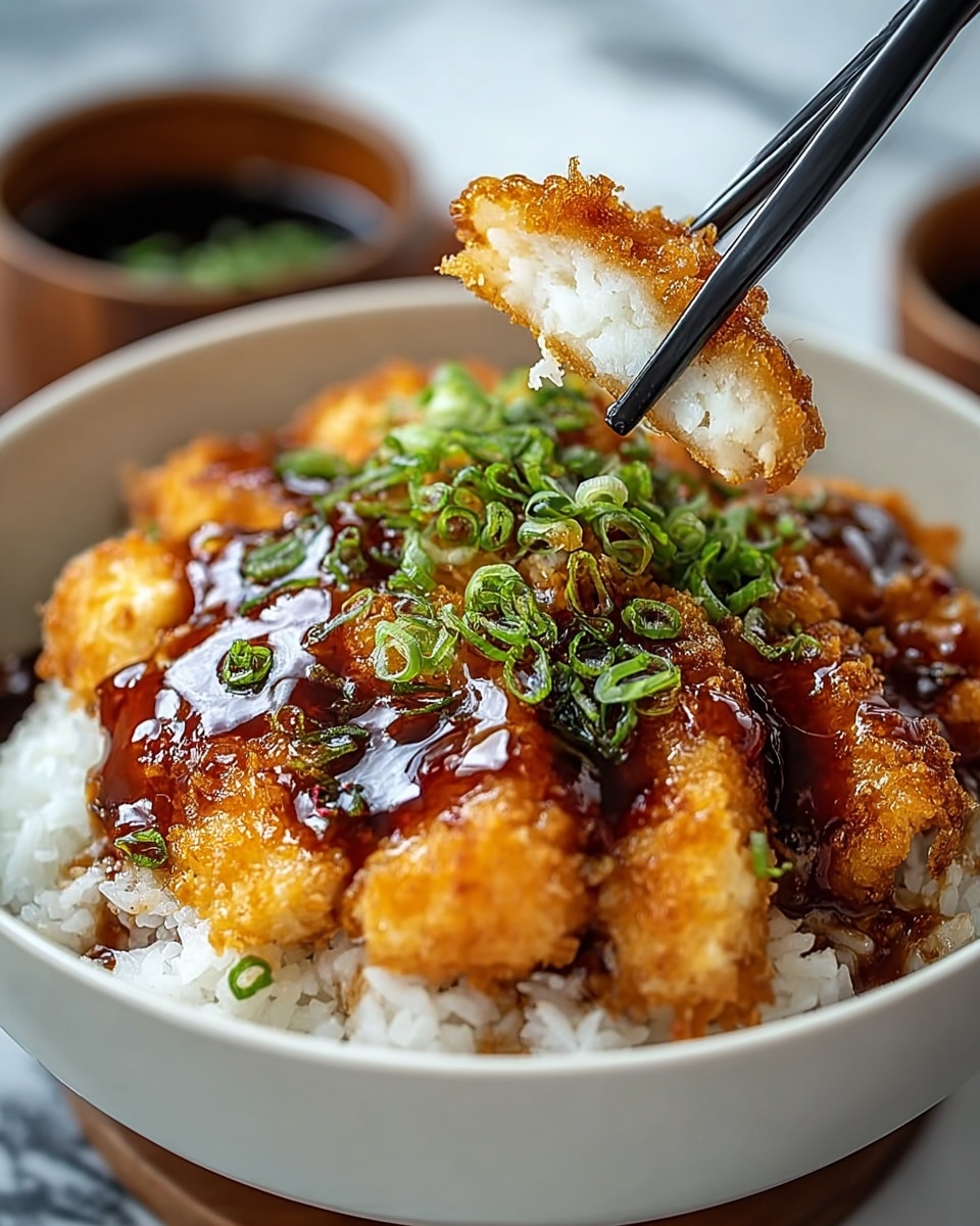 A black bowl filled with white rice at the bottom, topped with five golden brown crispy fried chicken cutlets sliced evenly and placed in a row. The chicken has a crunchy texture with the inside showing juicy white meat. A glossy dark brown sauce is drizzled generously over the chicken, and thin green sliced scallions with some shredded leaves are sprinkled on top. A pair of black chopsticks is holding one piece of chicken. The bowl is placed on a surface with a white marbled texture. photo taken with an iphone --ar 4:5 --v 7