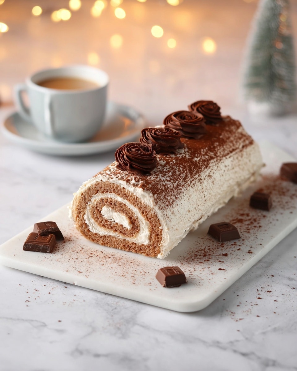 A rectangular rolled cake sits on a white marbled rectangular board, showing a swirl of light brown sponge cake and white cream inside, with an outer layer of white cream dusted lightly with cocoa powder. On top, there are four dark brown chocolate curls aligned in a row, adding texture. Around the board, scattered small chocolate squares and cocoa powder add detail. In the background on the white marbled surface, there is a white cup filled with coffee and soft golden lights out of focus, creating a warm, cozy mood. photo taken with an iphone --ar 4:5 --v 7