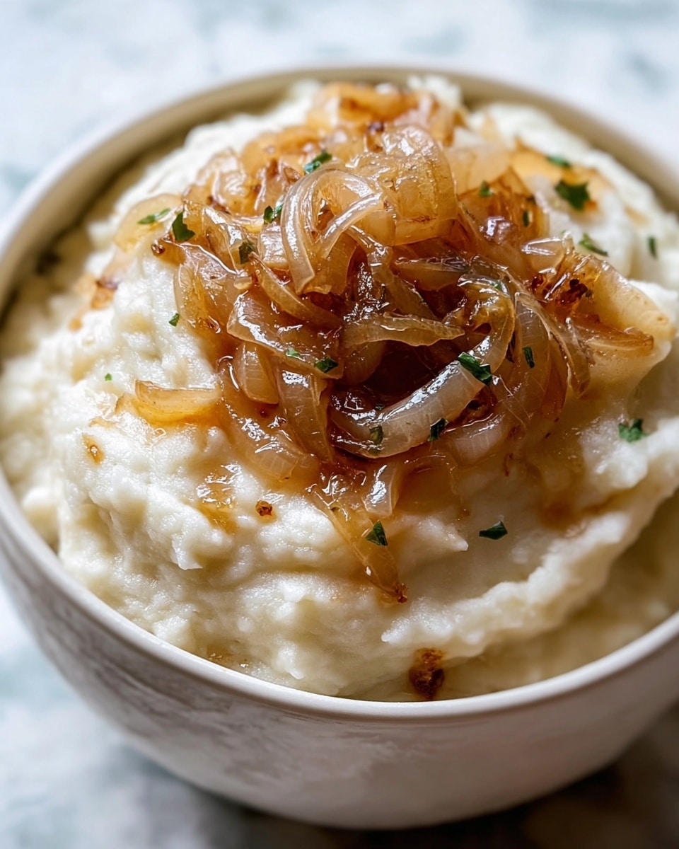 A close-up view of a bowl with a creamy, smooth beige hummus base as the first layer. On top, there is a glossy layer of caramelized onion rings that are light brown and slightly translucent, arranged in a loose swirl. Small dark pepper specks are scattered on the onions and hummus, and a few small green parsley leaves add contrast near the center. The bowl is white, placed on a white marbled surface. Photo taken with an iphone --ar 4:5 --v 7