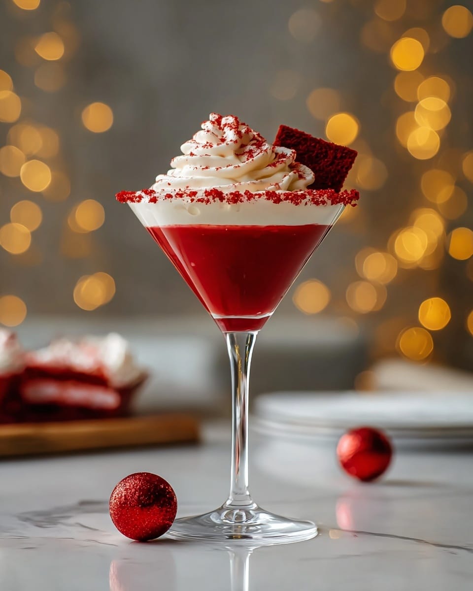 A clear martini glass filled with two distinct layers: a bottom layer of deep red jelly or mousse with a smooth texture and a thick top layer of creamy white mousse. On top, there is a swirl of whipped cream sprinkled with light brown crumbs covering the cream and rim. Two triangular pieces of red cake with a soft crumb texture are placed upright on the cream layer, adding height and contrast. The glass is set on a white marbled surface with blurred warm light bokeh in the background, and another similar glass and a yellow cake with red decorations are seen in the background. photo taken with an iphone --ar 4:5 --v 7