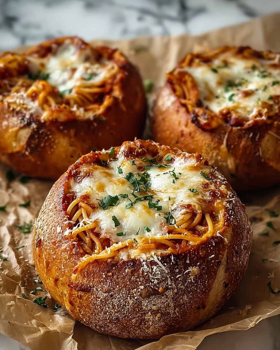 The image shows three round bread bowls with thick golden-brown crusts, each filled with a nest of spaghetti. The spaghetti is coated in a red sauce and topped with melted white cheese that has slightly browned edges, sprinkled with small bits of green herbs. The crusts of the bread have a rustic, textured look with a few cracks and flour dusting, and some cheese has melted down the sides. The bread bowls rest on crumpled parchment paper over a white marbled surface, creating a cozy and appetizing scene. Photo taken with an iphone --ar 4:5 --v 7