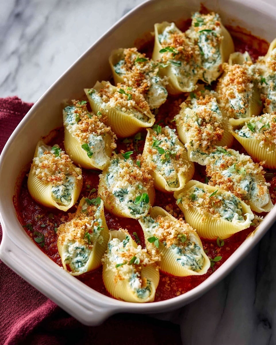 Three large pasta shells sit on a round white plate, each filled with a creamy white and green spinach mixture that is textured and slightly crumbly on top. The shells are placed on a thick layer of bright red marinara sauce spread evenly across the bottom of the plate. Small green herb sprinkles decorate the filling and the sauce, adding fresh color. The plate is on a white marbled surface with a blurred background that shows a green baking dish. photo taken with an iphone --ar 4:5 --v 7
