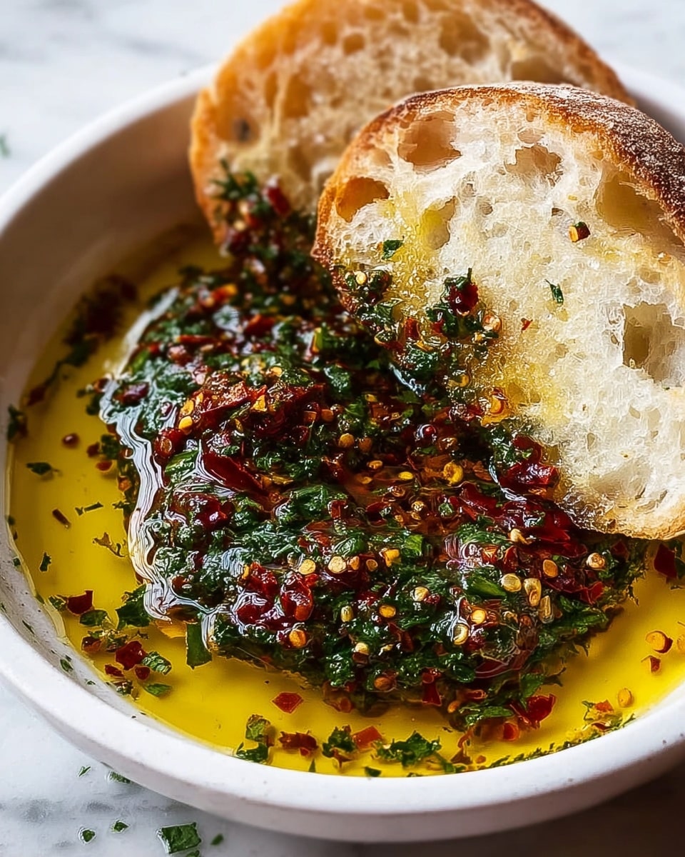 A close-up view of a white speckled bowl filled with a reddish-brown liquid sauce, containing visible layers of finely chopped green herbs, small yellow pepper seeds, and pieces of dried red chili flakes. A silver spoon rests inside the bowl, partially submerged in the sauce, with some sauce coating the spoon's surface. The bowl is placed on a white marbled surface with subtle texture. photo taken with an iphone --ar 4:5 --v 7