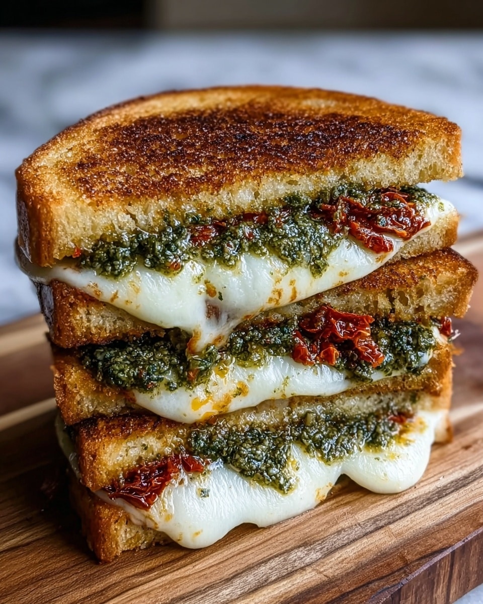 A grilled sandwich cut in half and stacked vertically on a wooden board, showing two thick layers of golden brown toasted bread with a crispy texture. Between the bread, there is a layer of white, melted cheese stretching out slightly, sitting on top of an uneven spread of green pesto and small chunks of red sun-dried tomatoes scattered throughout. The sandwich is slightly oily with browned spots on the bread and some melted cheese and pesto visible at the edges. The background is a white marbled texture. Photo taken with an iphone --ar 4:5 --v 7