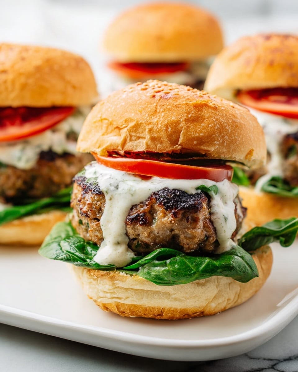 The image shows a close-up view of a small burger with four visible layers on a white plate. The base layer is a light brown sesame seed bun, on top of which is a layer of fresh green spinach leaves. Above the spinach is a thick, grilled meat patty with some charred edges, adding a dark brown color and rough texture. Over the patty is a creamy white sauce, dripping slightly down the sides, topped with a bright red tomato slice. The burger is covered with the top half of the sesame seed bun, light brown and textured. In the background, more similar burgers can be seen on the same white plate against a white marbled surface, creating a fresh and clean look. photo taken with an iphone --ar 4:5 --v 7