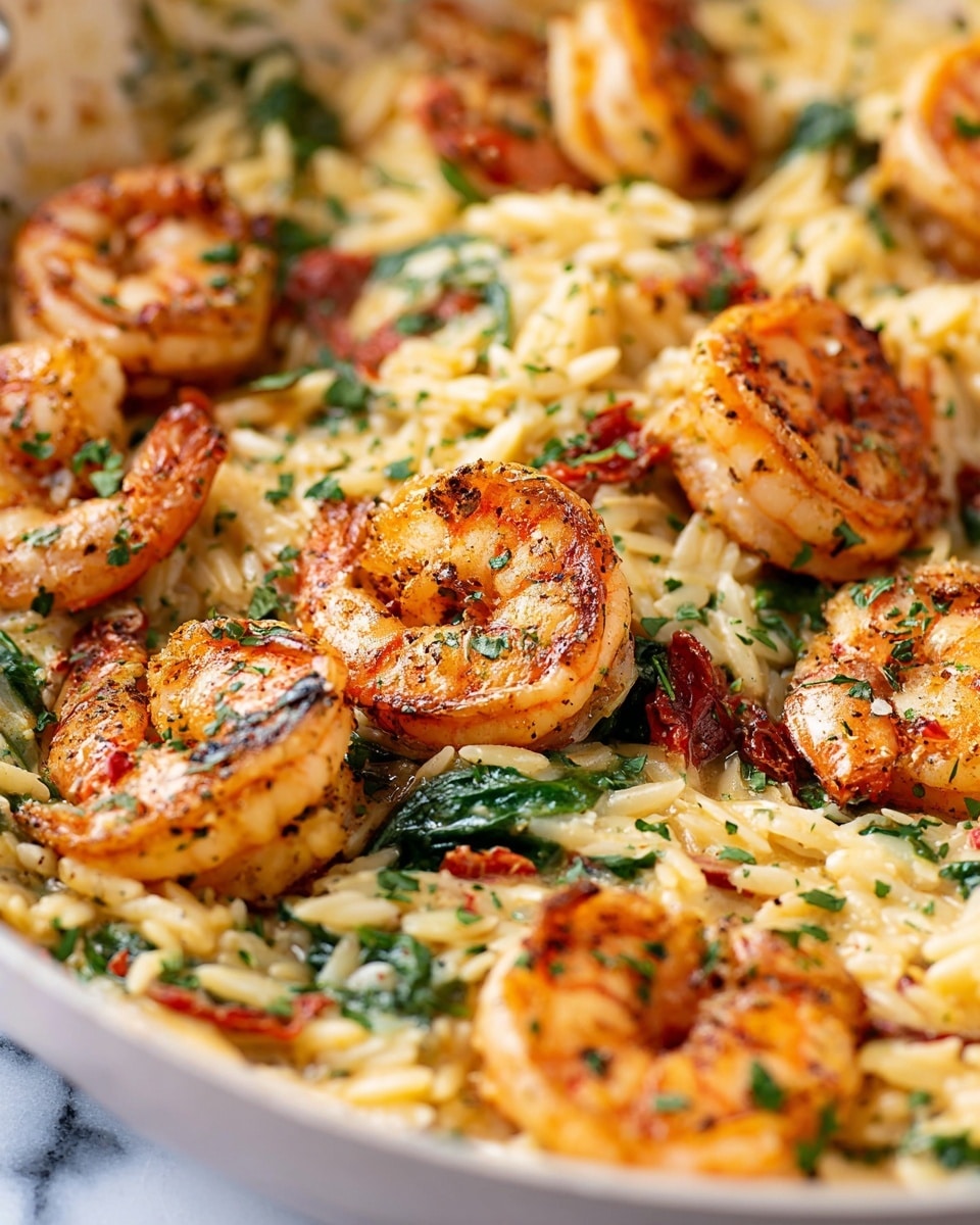 A close-up view of a dish in a white pan showing a single layer of cooked shrimp that are orange with char marks and sprinkled with green herbs. Beneath and around the shrimp is a creamy mixture of light yellow orzo pasta with small bits of green spinach and red sun-dried tomatoes mixed in. The textures include the firm shrimp skin, soft creamy pasta, and small leafy vegetable pieces. The background is blurred but suggests a white marbled surface. photo taken with an iphone --ar 4:5 --v 7