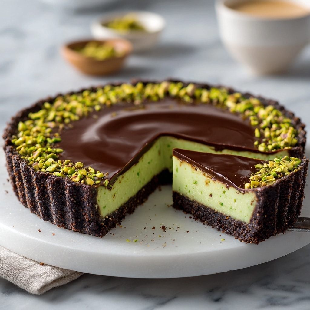 A chocolate tart with three visible layers sits on a white marbled cake stand; the bottom layer is a dark crumbly chocolate crust, the middle layer is a smooth light green pistachio filling, and the top layer is a glossy milk chocolate ganache. The tart is cut into slices, and one slice is being lifted, showing all three layers clearly, with the crust’s slightly rough texture and the creamy smoothness of the ganache on top. The edge of the tart is decorated with chopped green pistachios, adding a crunchy, textured look along the rim. The background is softly blurred white marble with hints of small bowls and a cloth. photo taken with an iphone --ar 4:5 --v 7