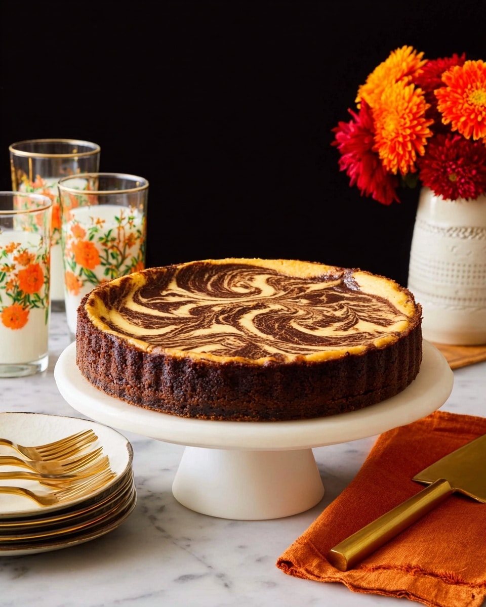 A round tart with two layers is shown, the bottom layer is dark brown with a cake-like texture, and the top layer is light tan with dark brown swirls creating a marbled pattern, positioned on a tall white cake stand in the center. To the left, there are three clear glasses filled with a white liquid and decorated with orange and green floral patterns, sitting on a white marbled surface. In the front left corner, four gold forks rest on three stacked white plates. On the right side, a white vase holds bright orange and red flowers, and next to it is a gold cake server and folded orange napkins. The background is plain black. Photo taken with an iphone --ar 4:5 --v 7