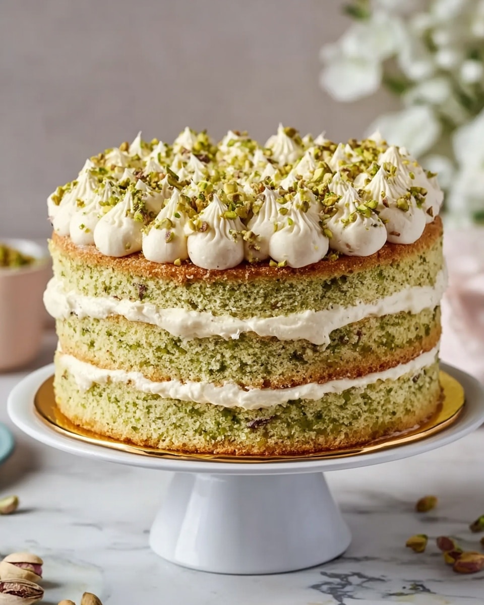 The image shows a two-layer cake with a light green crumb, speckled with bits of pistachio. Between the layers, there is a thick, creamy white frosting piped in rounded dollops. The top of the cake is covered with the same white frosting piped in larger dollops along the edge, and scattered generously with chopped pistachio nuts. The cake sits on a white cake stand with a gold rim, against a white marbled background. photo taken with an iphone --ar 4:5 --v 7