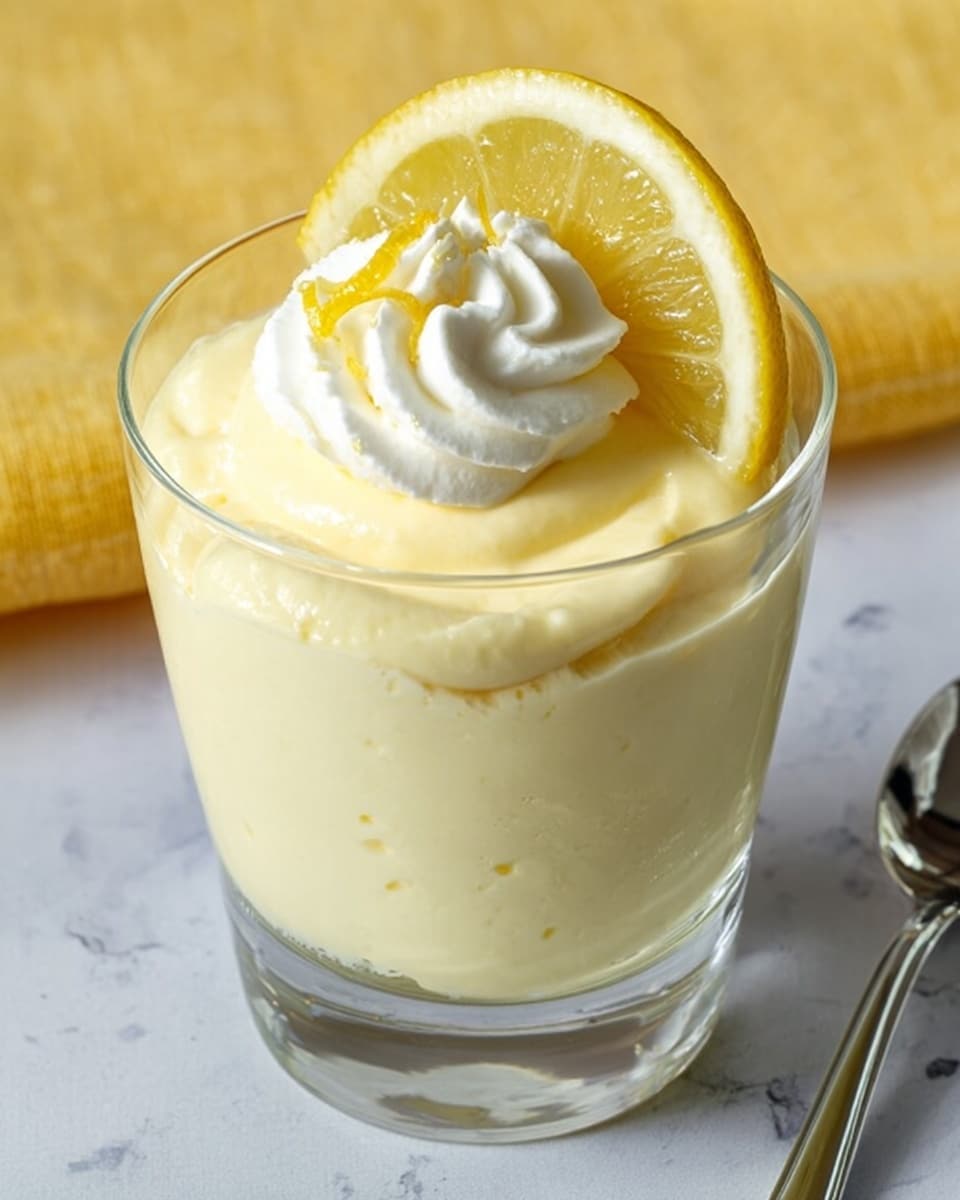 A clear glass cup filled with a thick, creamy pale yellow lemon mousse, smooth in texture and slightly bulging above the rim. On top, there is a swirl of white whipped cream in the center, with a bright yellow lemon wedge resting on it, slightly tilted. The glass sits on a white marbled surface with a yellow cloth underneath and a silver spoon blurred in the background. photo taken with an iphone --ar 4:5 --v 7