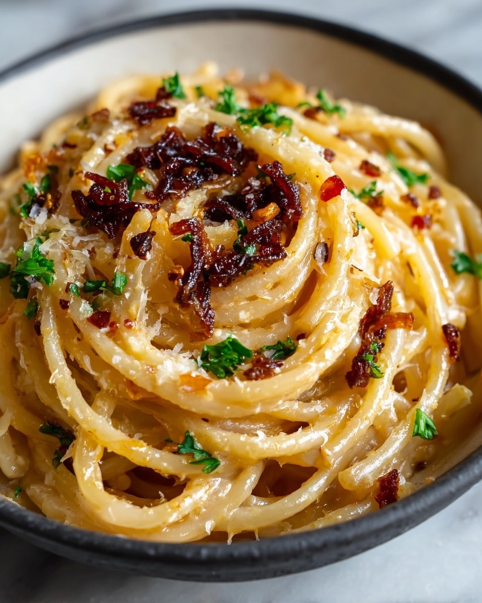A close-up view of a bowl filled with creamy spaghetti pasta arranged in a swirl, topped with dark brown crispy garlic pieces and finely chopped green parsley leaves scattered over the top. There are small flakes of red chili pepper and a light dusting of grated cheese over the glossy noodles, which have a slightly oily shine. The bowl is white with a dark gray inside, placed on a white marbled surface, highlighting the warm colors of the pasta and toppings. Photo taken with an iphone --ar 4:5 --v 7