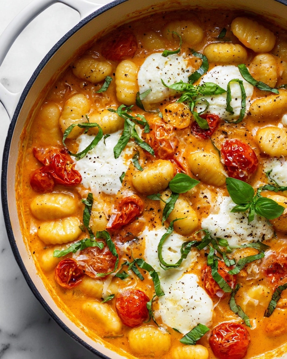A yellow bowl filled with soft, small gnocchi coated in a light orange sauce sits atop a green speckled plate on a white marbled surface. The gnocchi are mixed with juicy roasted cherry tomatoes, some slightly charred, and dollops of white creamy ricotta cheese sprinkled with black pepper and chili flakes. Fresh green basil leaves are scattered on top, adding a bright touch of color. A golden spoon is partially dipped into the dish, ready to serve. A small wooden bowl containing red chili flakes is visible in the background. photo taken with an iphone --ar 4:5 --v 7