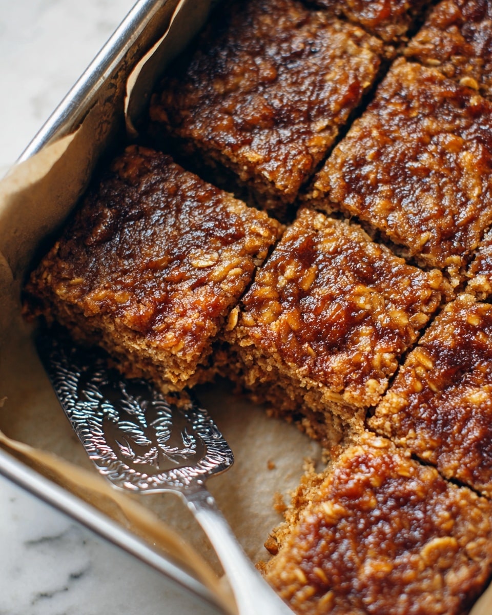 A close-up view of a baked oat dessert cut into square pieces inside a metal baking pan lined with parchment paper. The dessert has a thick, dense texture with a golden brown, slightly glossy top layer that looks crumbly and uneven with visible oats and a caramelized surface. The exposed side of one piece shows a uniform, soft, and moist interior with a darker brown color. A silver serving spatula with decorative cutout patterns is partially visible under one piece in the bottom corner of the pan. The pan is placed on a white marbled surface. photo taken with an iphone --ar 4:5 --v 7