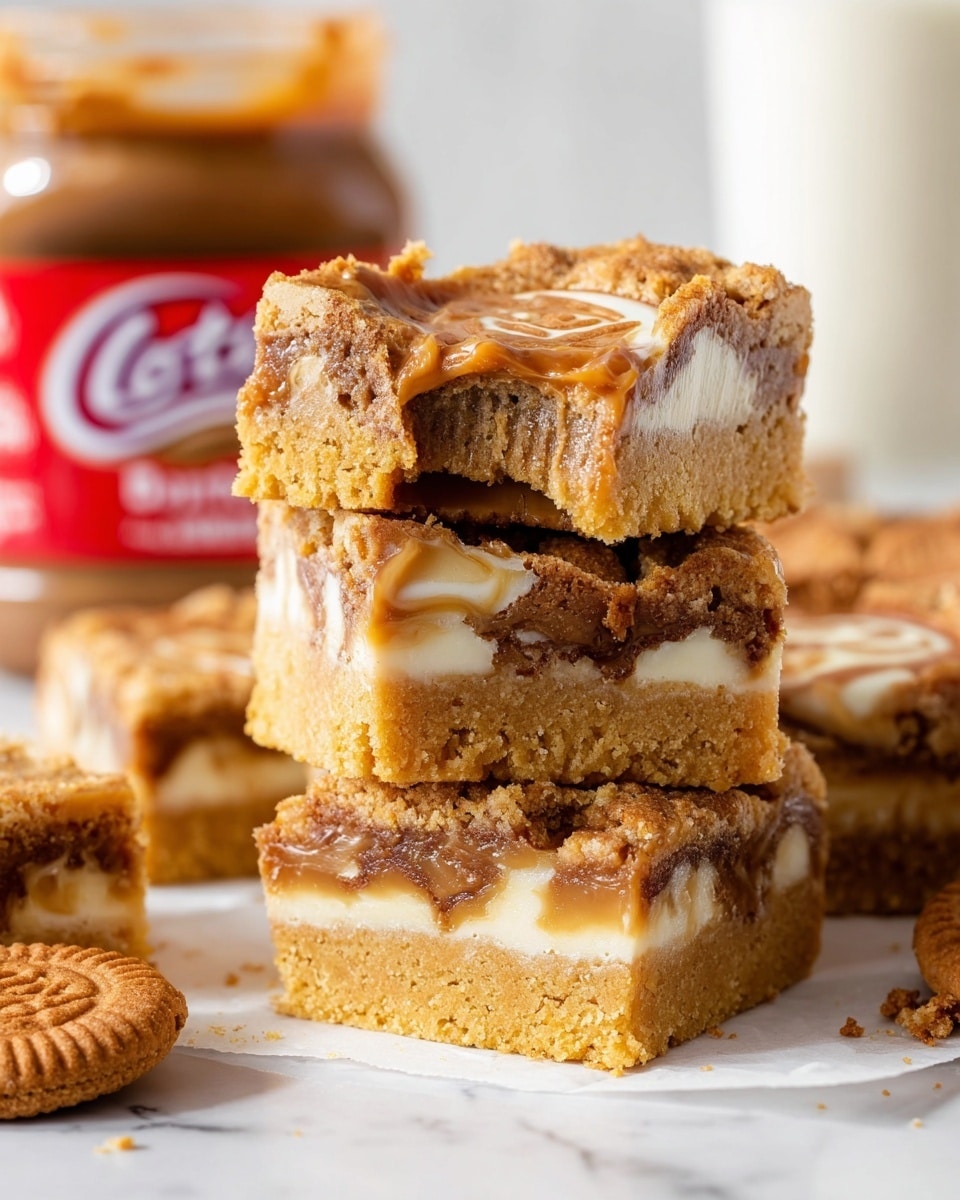 A stack of dessert bars is shown on a white marbled surface, each bar with multiple layers. The bottom layer is a golden, crumbly crust, topped by a creamy, light caramel-colored layer with swirls of a darker brown filling. On top of this is a thick, slightly crumbly cookie layer that contains a half Lotus Biscoff cookie pressed into the surface. The top bar has a bite taken out, revealing gooey caramel inside. The bars vary in size and texture, with visible bits of cookie and creamy filling. In the background, there is a jar of Lotus Biscoff spread with a white marbled texture behind it, and a partially visible white cup. Photo taken with an iphone --ar 4:5 --v 7