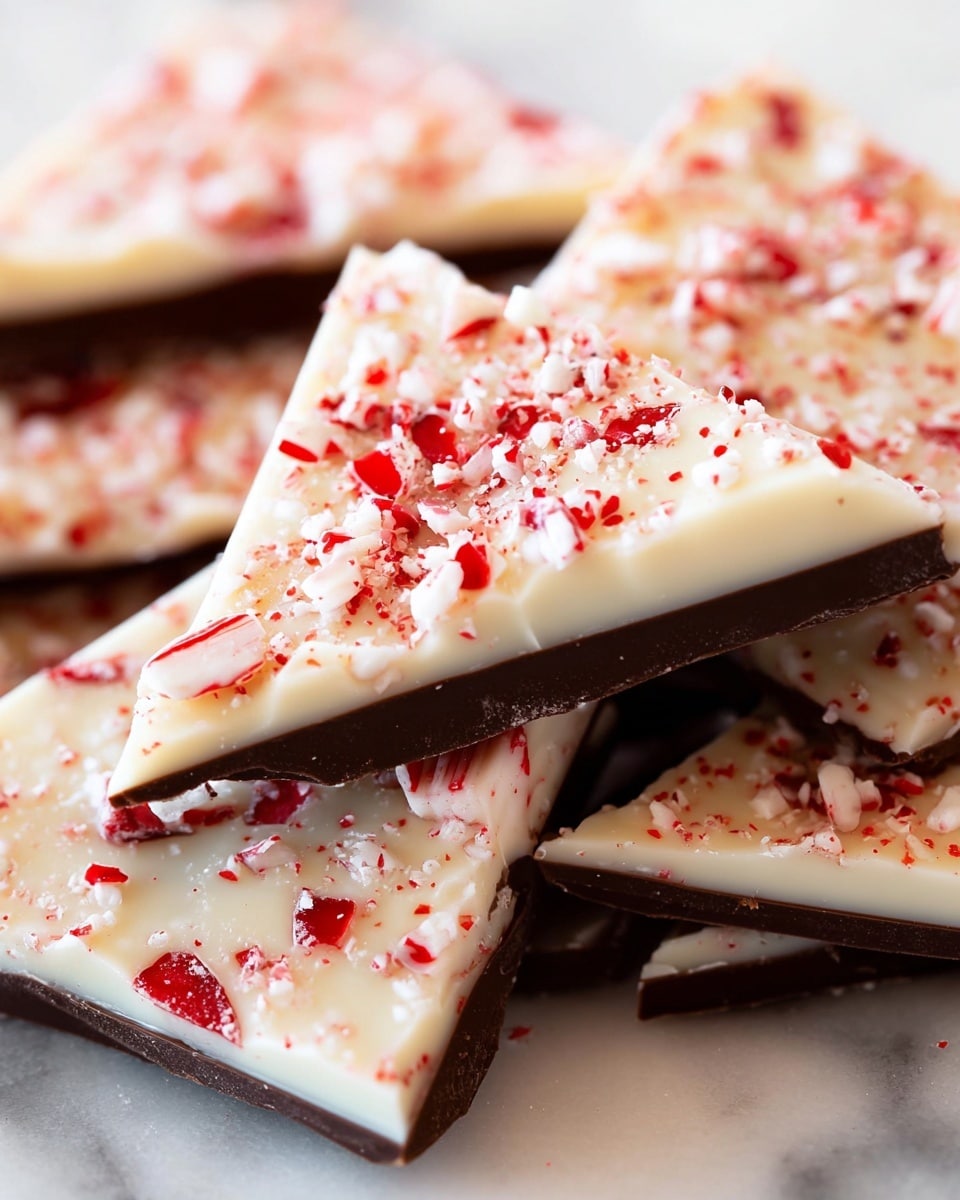 The image shows several triangular pieces of peppermint bark stacked closely together on a white marbled surface. Each piece has two visible layers: a smooth, creamy white chocolate base and a top layer covered with small, crushed red and white peppermint candy bits that add a rough, textured appearance. The colors contrast nicely with the white base and bright red candy pieces evenly spread on top. The pieces are cut cleanly with sharp edges, giving a festive and fresh feel. photo taken with an iphone --ar 4:5 --v 7