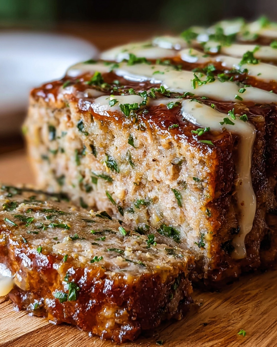A close-up view of a thick, square-shaped meatloaf with two layers visible: the inside layer is light brown mixed with green herb pieces, and the outside layer is a darker brown crust with a slightly crispy texture. The top is shiny with a glossy brown glaze and small green herb bits sprinkled across. A white sauce is drizzled unevenly over the top, adding a creamy texture contrast. The meatloaf sits on a wooden surface with part of it cut to show the inside layers. Photo taken with an iphone --ar 4:5 --v 7