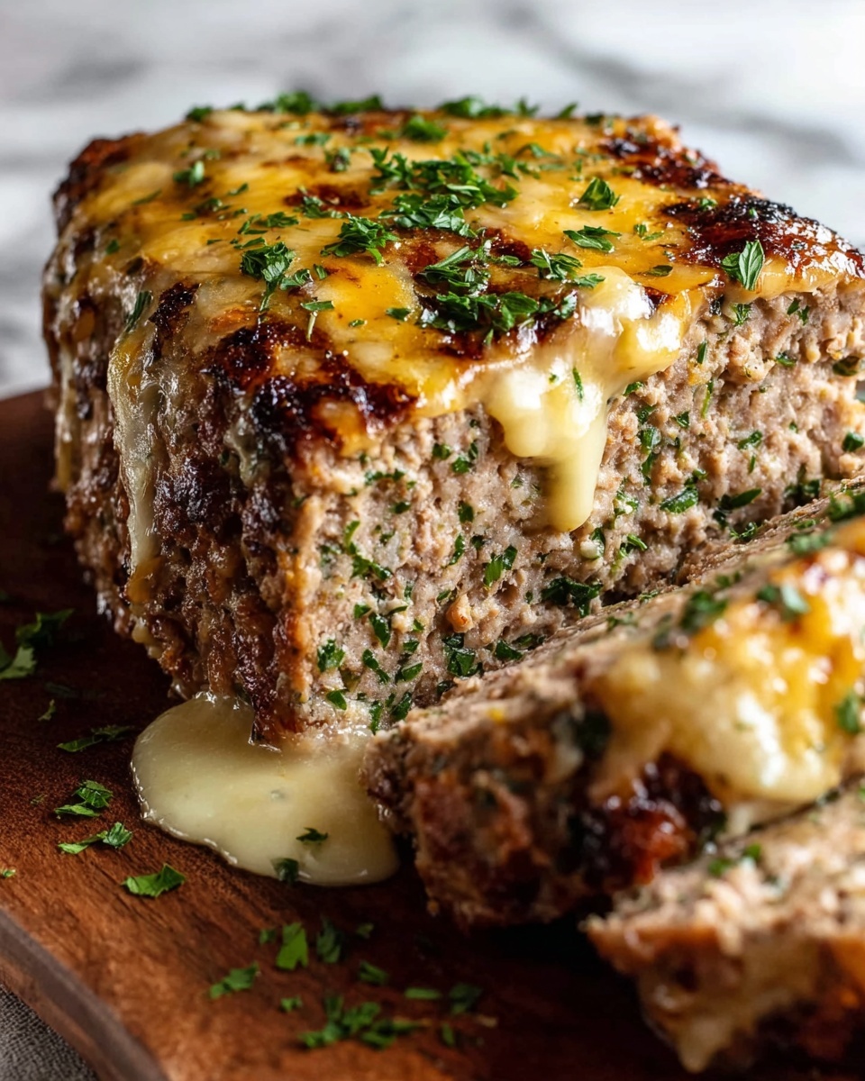 A thick meatloaf is sliced with one piece slightly pulled out, showing a dense texture mixed with green herbs inside. The top layer is melted golden cheese with some brown grilled marks, and a light sprinkle of fresh chopped green herbs adorns the surface. The meatloaf sits on a wooden board with a bit of melted cheese dripping down the side, and more chopped herbs are scattered around. The background is a white marbled texture. photo taken with an iphone --ar 4:5 --v 7