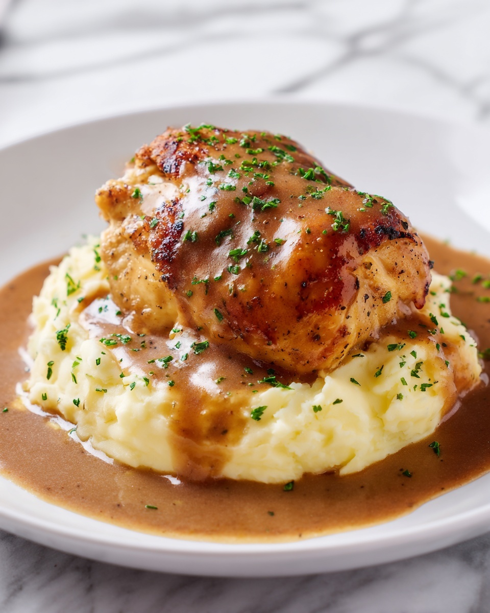 This dish has three main layers on a white plate set on a white marbled surface. The bottom layer is creamy and pale yellow, smooth mashed potatoes spread in a circle. On top of it sits a thick, browned piece of chicken with a crispy texture and golden-brown edges. The chicken is covered with a shiny brown sauce that pools around the base on the plate. Scattered finely chopped green herbs are sprinkled over the sauce, chicken, and mashed potatoes, adding fresh color and texture. Photo taken with an iphone --ar 4:5 --v 7