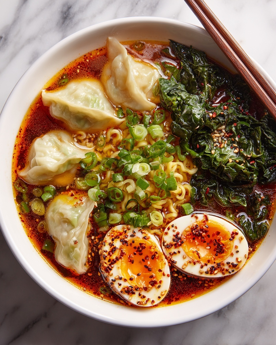 A white bowl filled with a rich ramen soup rests on a white marbled surface, topped with four soft dumplings placed on the left edge, their smooth, light beige wrappers slightly translucent. In the center, yellow curly noodles sit just below the surface of the broth, surrounded by bright green chopped scallions scattered across the top. To the right, two halves of a soft-boiled egg with bright orange yolks are sprinkled with black sesame seeds and chili flakes, sitting beside dark green cooked leafy vegetables that have a slightly shiny texture from the broth. The soup broth is a deep reddish-brown, showing a spicy oil sheen that pools lightly around the ingredients. A pair of wooden chopsticks rest on the top right corner near the bowl edge. photo taken with an iphone --ar 4:5 --v 7
