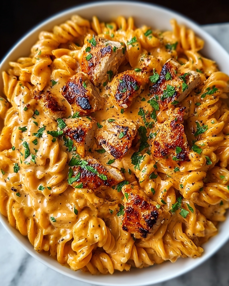 A white bowl filled with creamy pasta coated in thick, shiny orange sauce, with grilled chicken pieces scattered evenly on top. The chicken is golden brown with slight charring and visible grill marks. The pasta is curly and densely layered beneath and around the chicken, covered fully by the sauce that has a smooth, rich texture. Small chopped green herbs are sprinkled over the dish, adding a fresh contrast to the warm colors, with specks of black pepper visible. The photo is taken against a white marbled texture. photo taken with an iphone --ar 4:5 --v 7