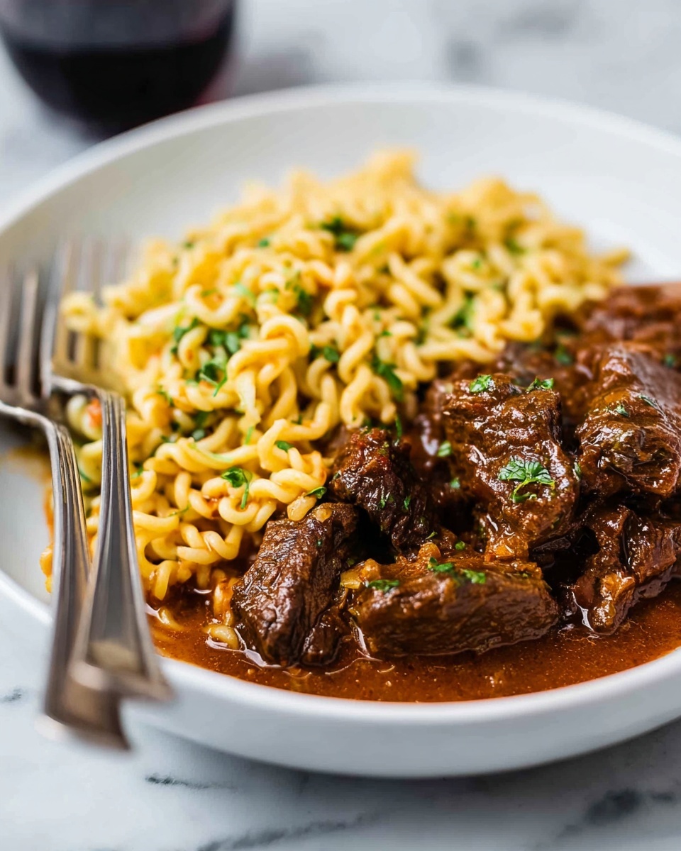 A white plate holds two main parts: on the left, yellowish, curly pasta strands with a light sauce and small green herb pieces are piled loosely, and on the right, there are multiple thick chunks of brown, saucy beef stew with visible texture and garnished with tiny green herbs. Two silver forks rest on the left side of the plate, partially on the pasta. The plate sits on a white marbled surface with a dark blurred background element on the left side. photo taken with an iphone --ar 4:5 --v 7