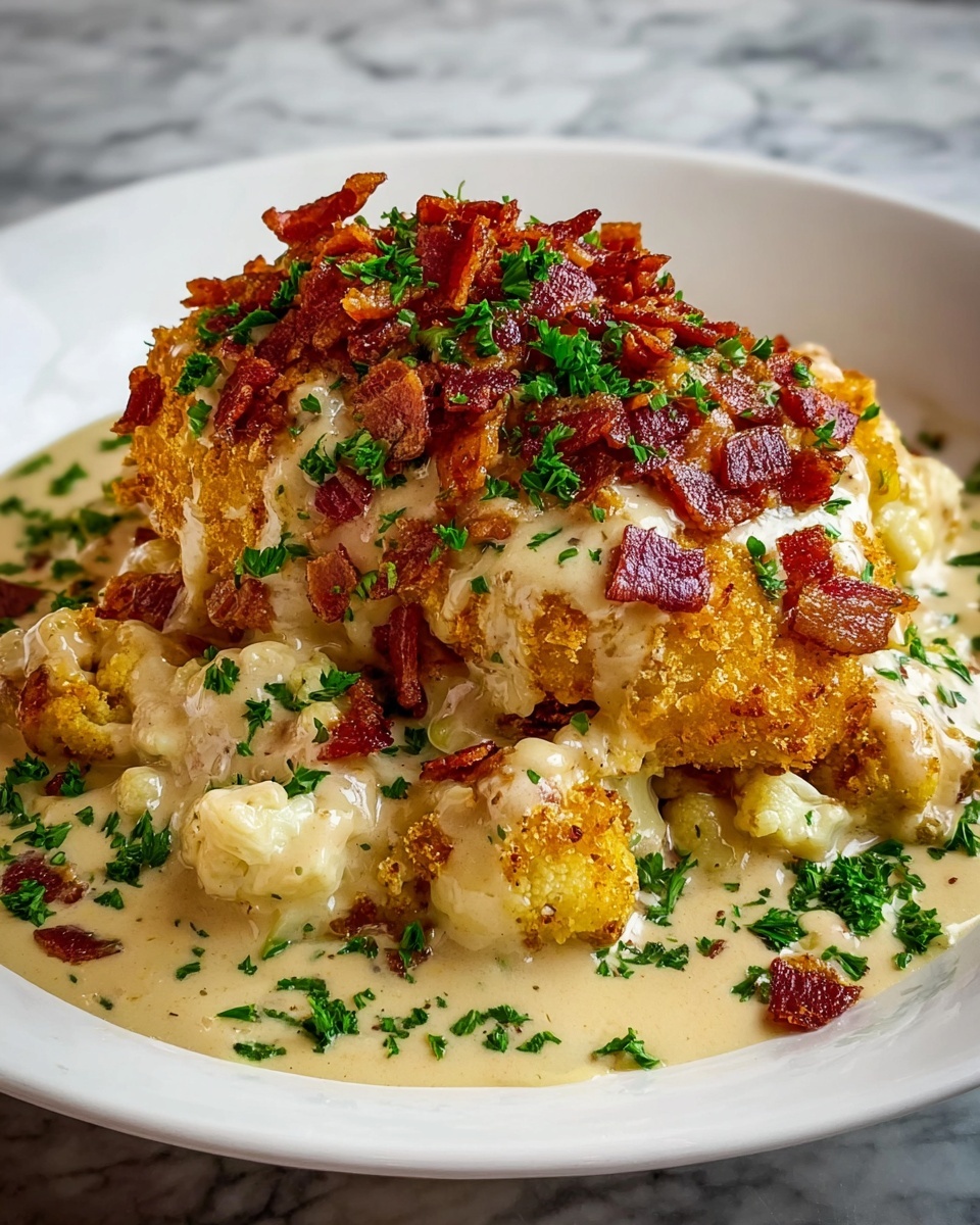 A white plate holds a dish with a base layer of creamy, light beige sauce mixed with small chunks of cauliflower. On top of this is a thick, golden-brown fried layer with a slightly crunchy texture, sprinkled generously with small pieces of crispy reddish-brown bacon. The entire dish is covered in more creamy sauce, creating a rich, smooth coating. Fresh green chopped parsley is scattered on top and around the food, adding a bright contrast to the creamy and brown colors. The plate is set on a white marbled surface. photo taken with an iphone --ar 4:5 --v 7