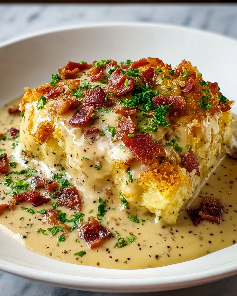 A white plate holds a creamy layered dish with a base of soft, yellowish bread or casserole soaked in a thick, beige sauce dotted with black pepper. On top, there are golden-brown crispy bits scattered with small pieces of reddish-brown bacon and sprinkled with bright green chopped herbs, adding color contrast. The sauce pools around the edges, making the dish look rich and moist. The background is a white marbled texture. Photo taken with an iphone --ar 4:5 --v 7