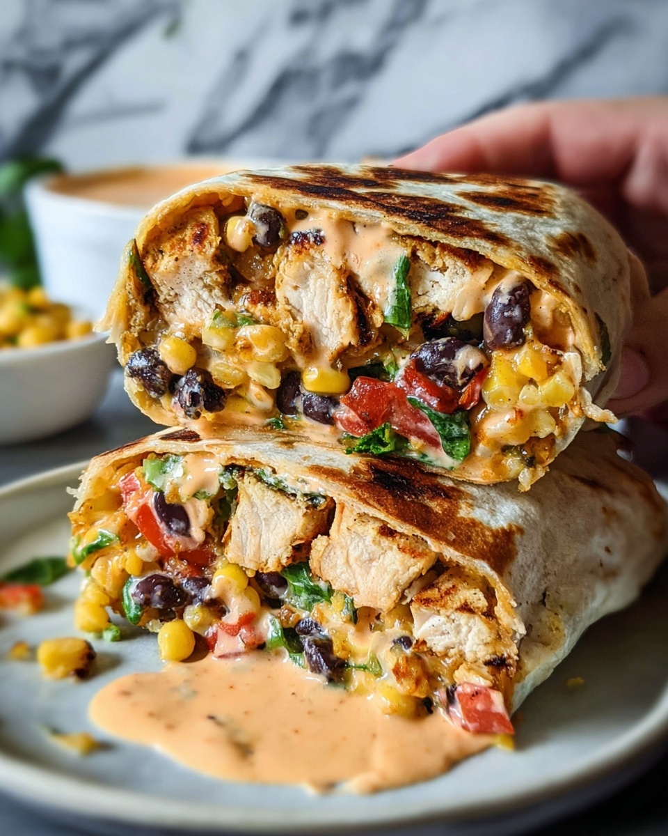 A close-up view of two burrito halves stacked on a white plate, showing thick layers inside a grilled tortilla wrap. The filling includes large pieces of grilled light brown chicken, bright yellow corn kernels, black beans, chopped red tomatoes, and green leafy vegetables. There is a creamy orange sauce spread inside and slightly dripping out. The background has a white marbled texture with a blurred white bowl holding extra sauce. A woman's hand is holding the top burrito half. Photo taken with an iphone --ar 4:5 --v 7