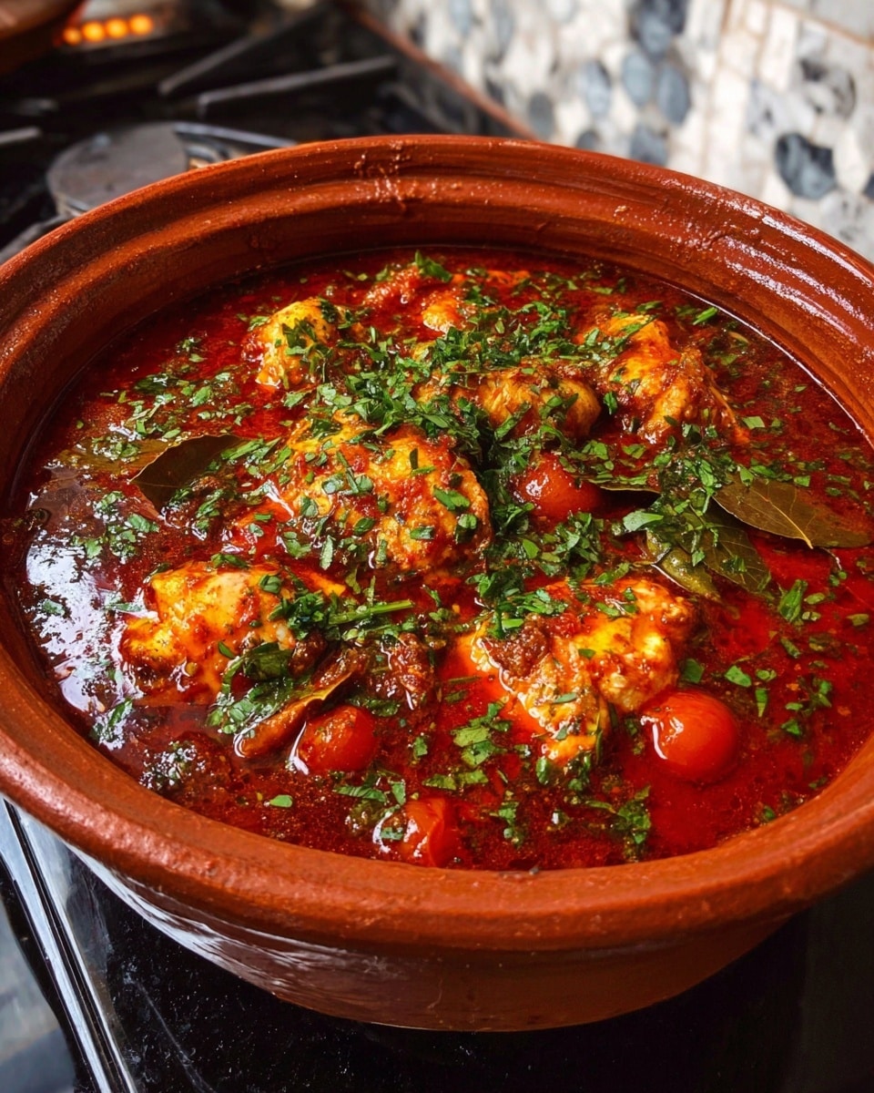 A large terracotta pot filled with a rich red sauce, with chunks of golden-brown cooked chicken partially submerged in the sauce, topped with scattered green chopped herbs. The sauce has a shiny, oily surface with some whole cherry tomatoes and a bay leaf visible. The pot sits on a black stovetop with a white marbled surface in the background. photo taken with an iphone --ar 4:5 --v 7
