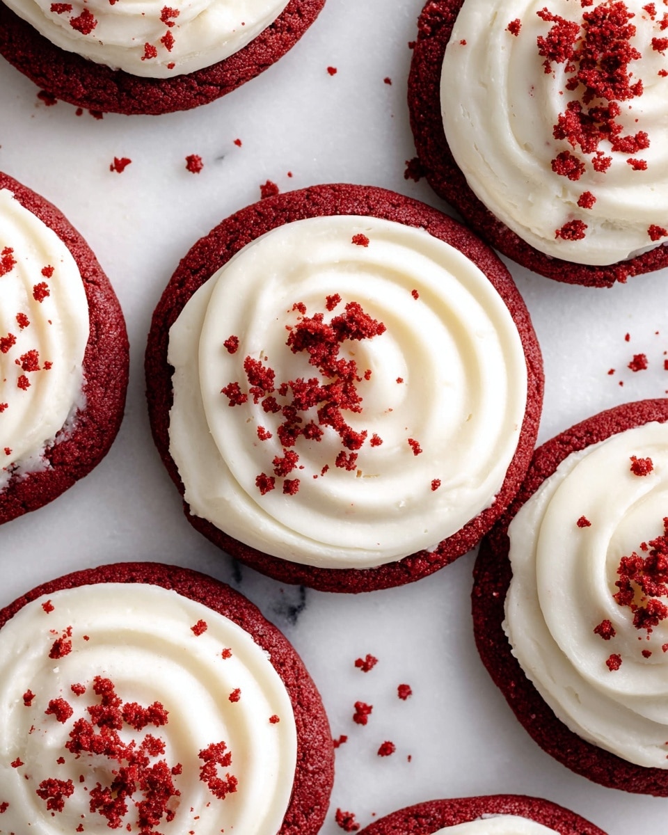 The image shows multiple red velvet cookies laid out on a white marbled surface. Each cookie has a single, thick layer of smooth, creamy white frosting swirled neatly on top. The frosting is topped with small, scattered red velvet crumbs that add texture and contrast. The cookies have a rich deep red color and the frosting forms a rounded spiral shape covering most of the cookie’s surface. Some crumbs are also sprinkled on the white marbled surface around the cookies. Photo taken with an iphone --ar 4:5 --v 7