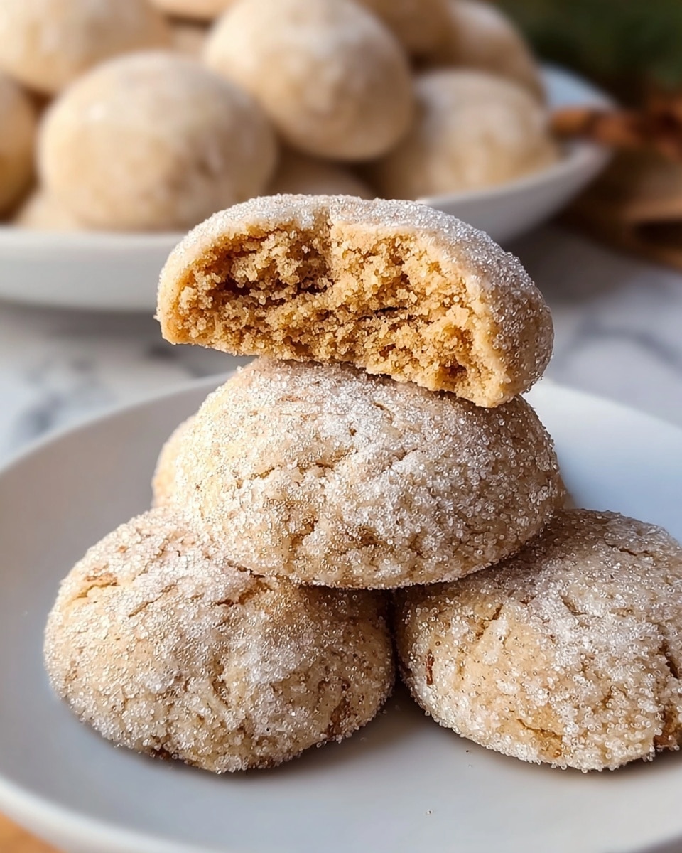 A close-up view of several round cookies stacked on a white plate, each cookie coated with a layer of sparkling sugar crystals giving a textured, frosted look. The top cookie is broken in half and placed on the stack, revealing a soft, moist, and dense inner texture with a warm light brown color. The cookies have a slightly cracked surface with a powdery sugar layer, showing a contrast between the crunchy outside and chewy inside. The background includes another white plate with more cookies blurred out, set on a white marbled surface. Photo taken with an iphone --ar 4:5 --v 7