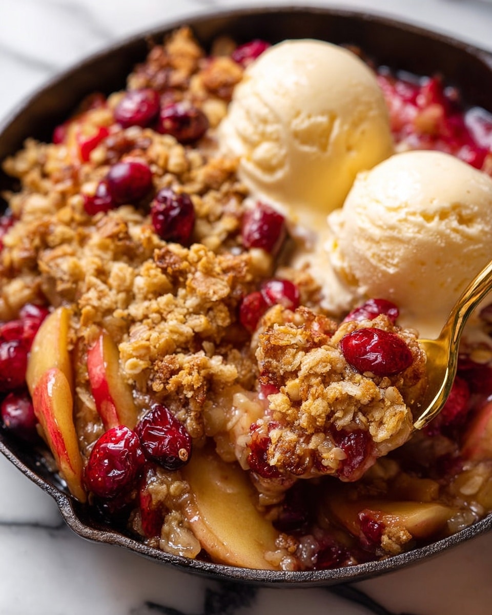 A close-up view of a warm fruit crumble dessert served in a black cast iron pan on a white marbled surface, with two scoops of creamy pale yellow vanilla ice cream on the side; the crumble layer is golden brown and crumbly with visible oats, covering slices of soft, cooked apple that are light orange and partly translucent, mixed with bright red plump cranberries, some whole and some slightly cooked down; a gold spoon scoops up the dessert, showing the mix of soft fruit and crunchy topping in detail; the colors are warm and inviting, with a mix of textures from smooth ice cream to crunchy crumble and juicy fruit. photo taken with an iphone --ar 4:5 --v 7