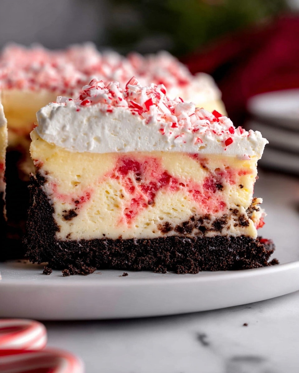 A close-up image of a slice of cheesecake with three main layers on a white plate with a white marbled background. The bottom layer is a thick, dark, crumbly chocolate crust. The middle layer is creamy, pale yellow cheesecake mixed with bright red swirls of fruit or candy pieces, giving it a marbled look. The top layer is a thick, white whipped cream topped with crushed red and white peppermint candy bits. The slice is cut cleanly, revealing all the layers clearly. In the blurred foreground, a red and white striped peppermint candy is visible. photo taken with an iphone --ar 4:5 --v 7