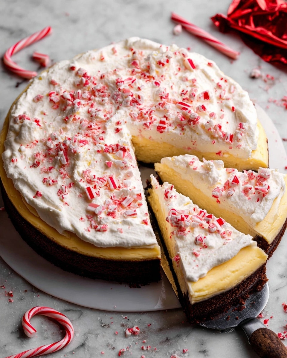 A round cheesecake with three visible layers: the bottom layer is a thick dark brown crust, the middle layer is a light yellow creamy cheesecake, and the top layer is a thick white whipped cream spread unevenly, covered with small red and white crushed candy pieces scattered across it. The cheesecake is sliced into several pieces, with one slice being lifted by a metal spatula from underneath. The whole cake sits on a white plate, placed on a white marbled textured surface with candy canes and a candy wrapper nearby. Photo taken with an iphone --ar 4:5 --v 7
