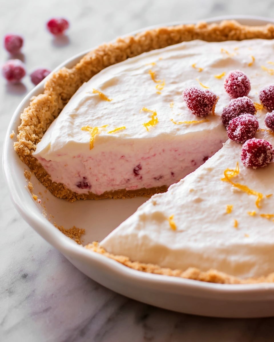 A pie with three visible layers: the bottom layer is a thick, rough-textured golden brown crust; the middle layer is a smooth, pale pink filling; the top layer is a thick, creamy white layer spread evenly across the pie, slightly uneven in texture. The pie is cut into slices, with one slice slightly lifted showing the inside layers. Scattered on top are small red berries covered lightly in sugar, some whole and some in a small cluster, along with small orange zest pieces. The pie sits in a white pie dish on a white marbled texture surface. photo taken with an iphone --ar 4:5 --v 7