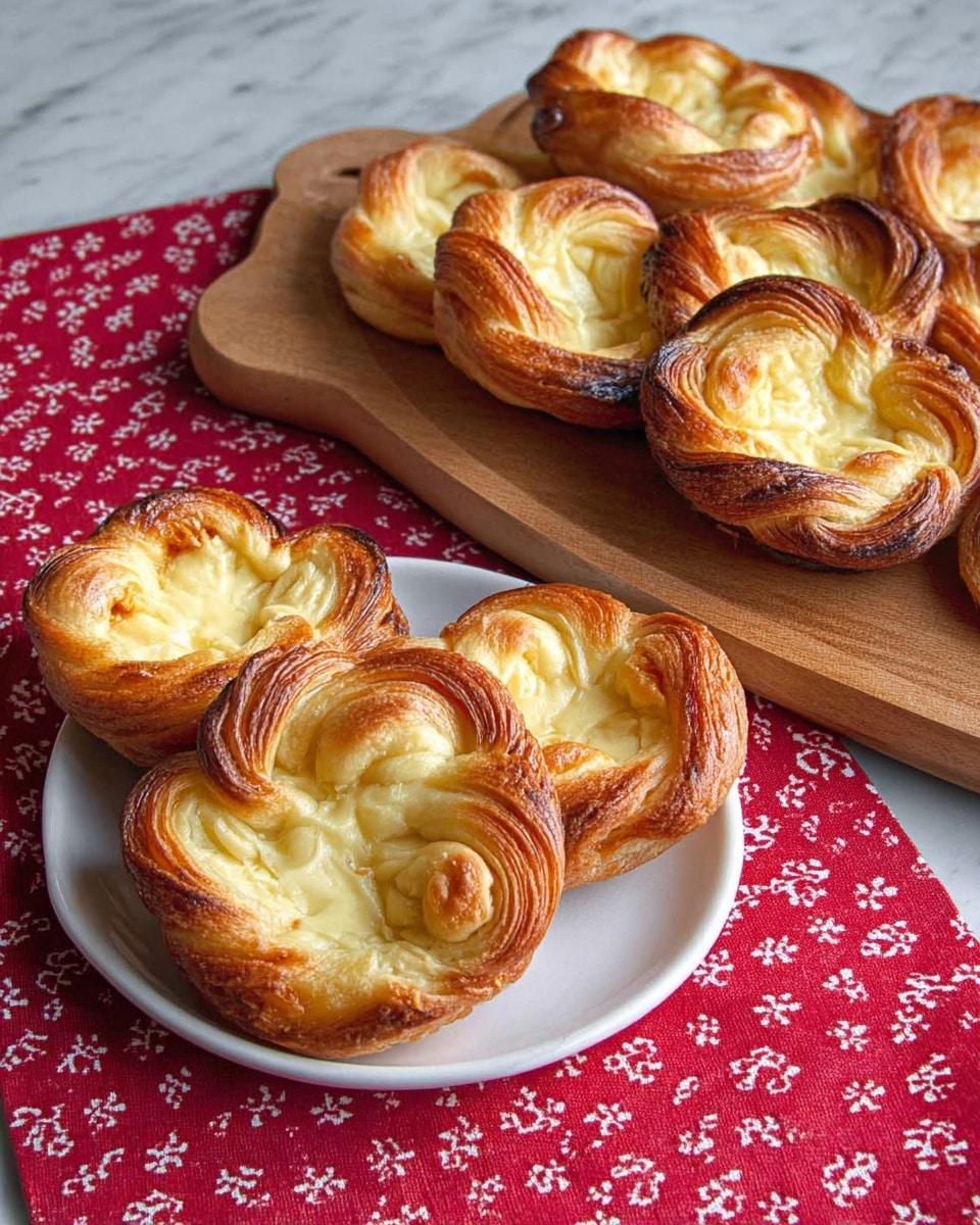 The image shows round pastries with a golden-brown twisted crust, placed both on a white plate and a wooden board. Each pastry has a layered look with an outer ring of flaky dough, darker brown at the edges, folded around a creamy, pale yellow cheese filling in the center. The crust looks soft with some crisp parts, while the cheese filling has a smooth texture. The plate and wooden board rest on a red cloth with white and pink small flower patterns, all on a white marbled surface. Photo taken with an iphone --ar 4:5 --v 7