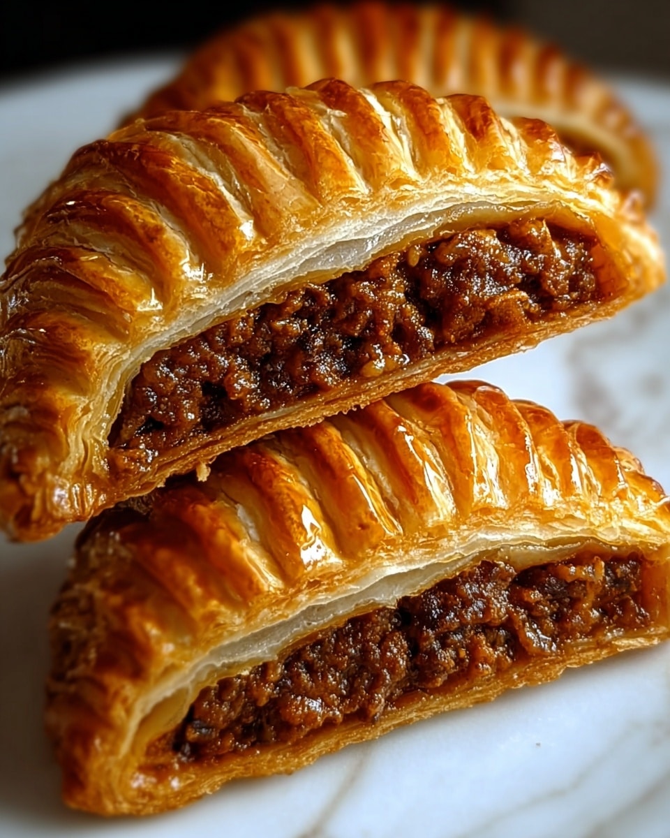 The image shows two halves of a golden brown puff pastry pie stacked on a white plate with a white marbled texture underneath. Each half is cut to show three visible layers of flaky, crispy pastry on the top and bottom, with a textured, dark brown minced meat filling in the middle. The top pastry has a ridged pattern with a shiny, slightly glossy finish. The overall look is warm and inviting, highlighting the contrast between the crisp, airy pastry and the rich, moist meat filling. photo taken with an iphone --ar 4:5 --v 7