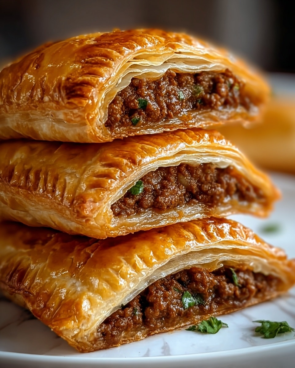 A close-up of three stacked meat-filled pastries on a white plate, each showing layers of golden, flaky puff pastry with a shiny, crispy surface, and inside, a rich, dark brown seasoned ground meat filling with small bits of green herbs visible; the pastries have crimped edges and the flaky layers create a light texture contrast with the dense meat filling. The background is a white marbled texture. photo taken with an iphone --ar 4:5 --v 7
